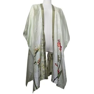100% Silk Floral Kimono Topper Open Front Botanical Sage Green NWT Chico's